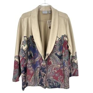 Susan Graver Printed Suede Shawl Collar Jacket Paisley Tan Multicolor 2XP Artsy